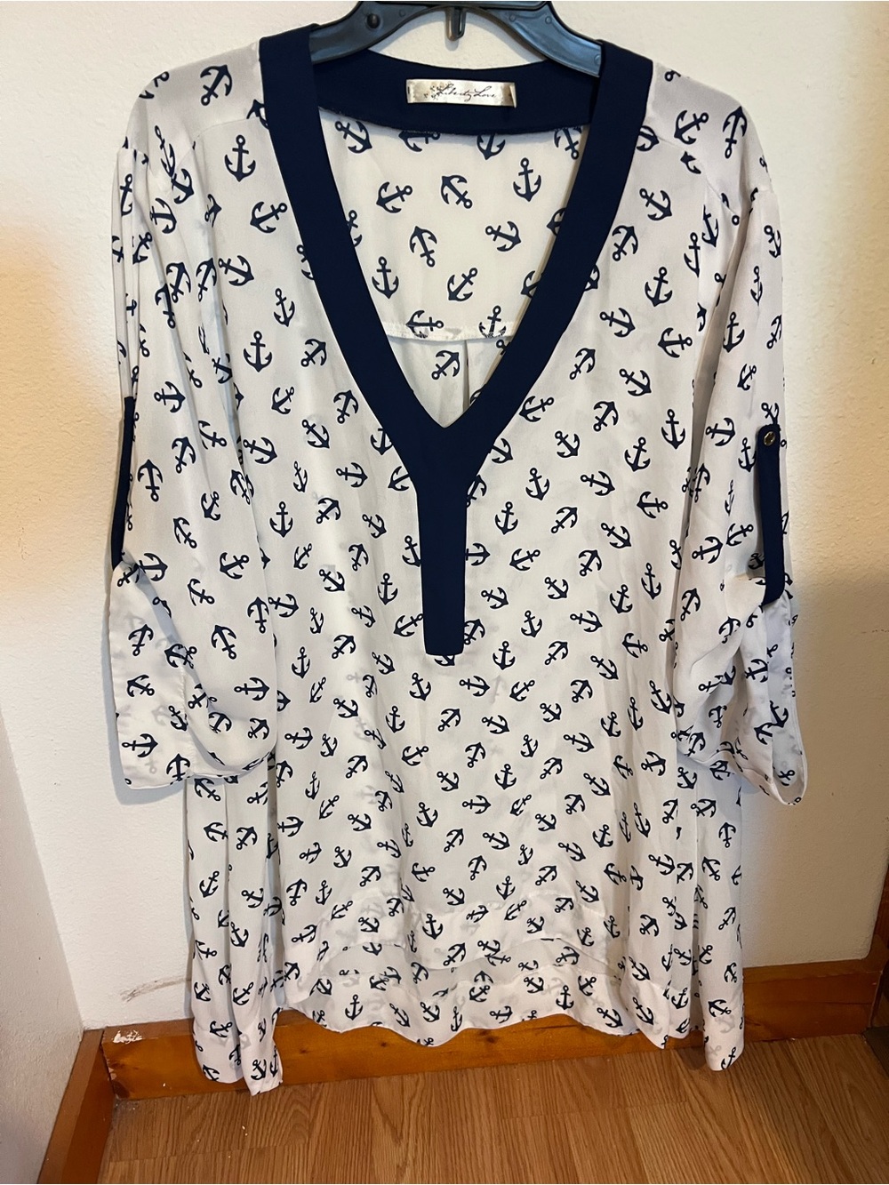 Liberty Love White Tunic with Navy Anchor Print and Navy V-Neck
